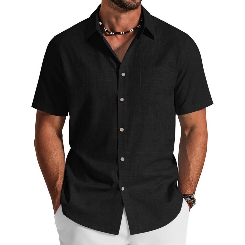 Men's Button Down Shirt Black Cotton Short Sleeve Casual Summer